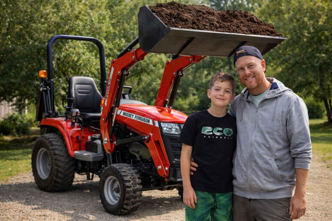 Hayden and Mark, co-owners of Little Tractor Co, standing beside their Massey Ferguson tractor